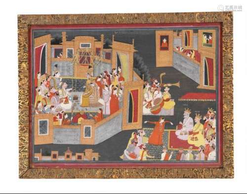 A pair of palace sceneries. India, 19th century. Framed, visible size 37 x 52 cm. (2) -