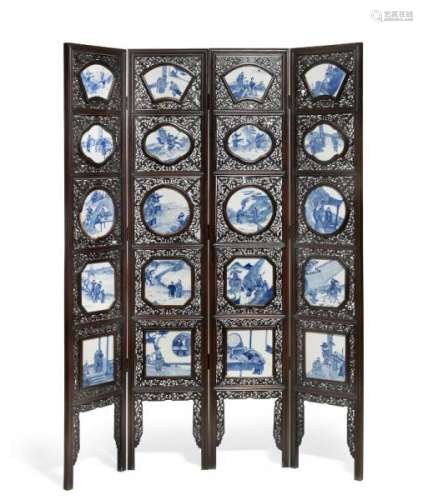 A Chinese four panel hardwood screen. C. 1900. H. 222 cm. W. 160 cm. -