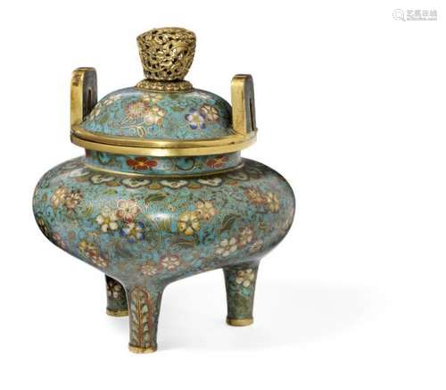 A Chinese gilt bronze and cloisonné enamel tripod censer and cover. Qianlong [...]