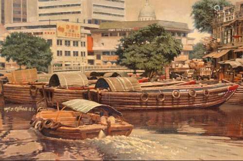 Mia Tee Chua: Singapore harbour with barges. Signed M. T. Chua and dated 83. Oil on [...]