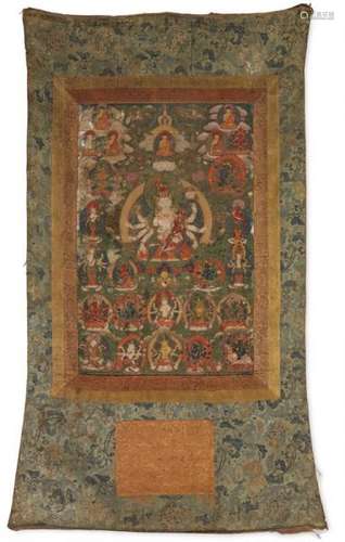 A rare Tibetan thangka of a ten-armed and four headed Manjushri, Namasangiti. 18th [...]