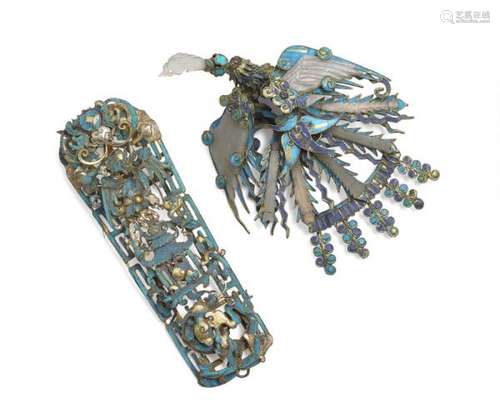 Two ornate pieces of Chinese Kingfisher feather jewellery, late Qing. (2) -