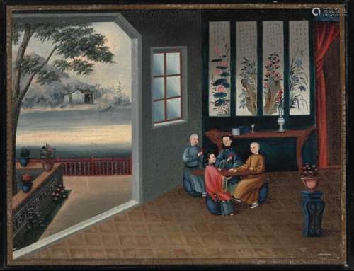 Chinese school, 19th century: A pair of interiors. Qing, 19th century. Oil on canvas. [...]