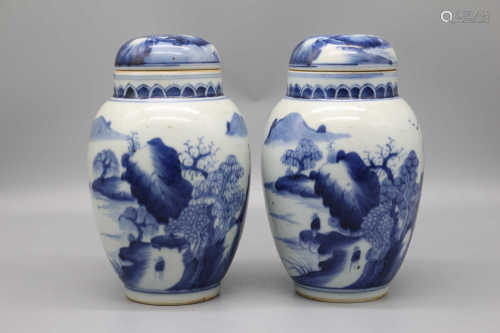 Two lotus seed pots with blue and white landscape figures in Kangxi period of Qing Dynasty
