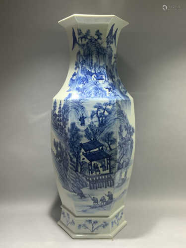 Six square bottles decorated with blue and white landscape figures in the middle of Qing Dynasty