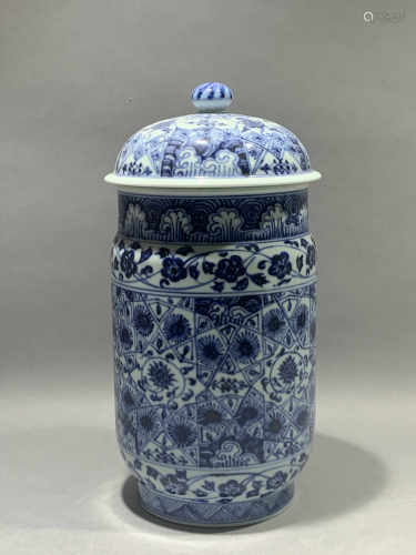 Blue and white vase with blue and white patterns