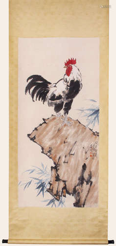 XU BEIHONG  PAINTING OF A GOLDEN COCK STANDING ON ONE LEG