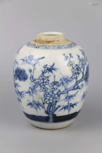 Kangxi pine and bamboo plum pattern blue and white pot