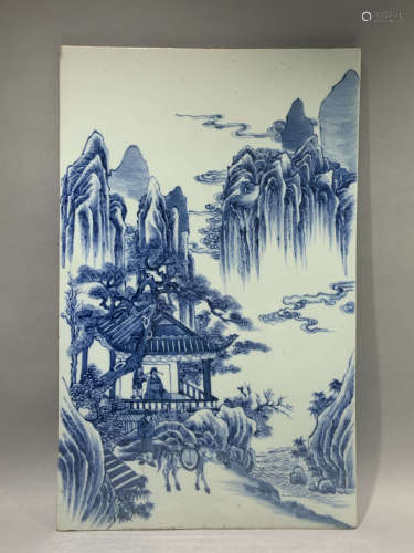 Blue and white landscape pattern porcelain plate in the middle of Qing Dynasty