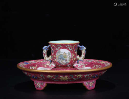 A SET OF ROUGE RED GLAZED POWDER ENAMEL CUPS WITH PATTERN OF LANDSCAPE