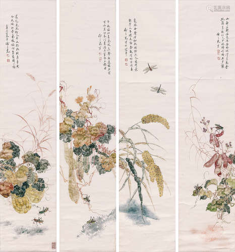 谢之光 花卉虫草四屏