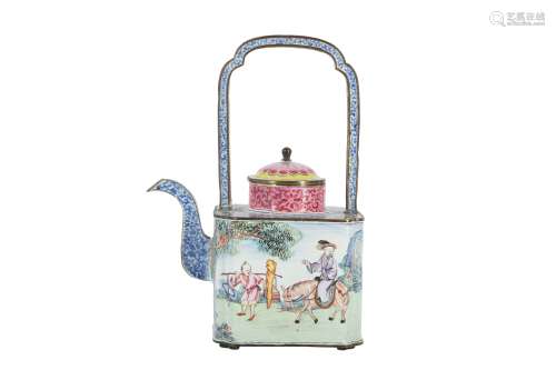 A CHINESE FAMILLE ROSE CANTON ENAMEL WINE POT AND COVER.