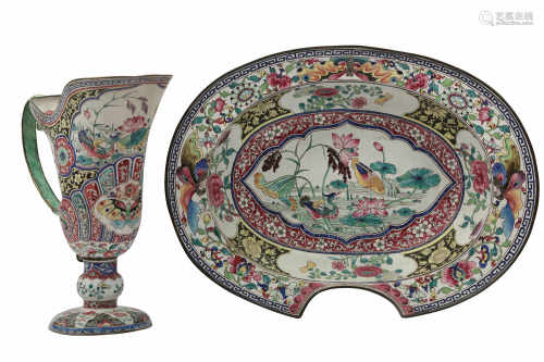 A CHINESE FAMILLE ROSE CANTON ENAMEL BARBER'S BOWL AND WATER JUG.