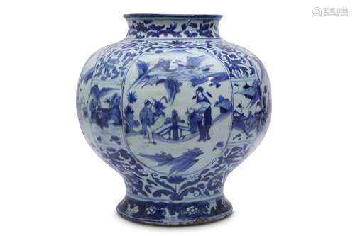 A LARGE CHINESE BLUE AND WHITE FIGURATIVE JAR.