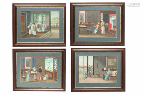 A SET OF FOUR FINE CHINESE EXPORT PAINTINGS OF INTERIORS.