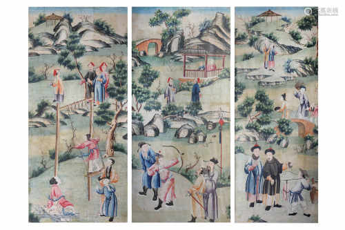 A SET OF THREE CHINESE WALLPAPER PANELS.