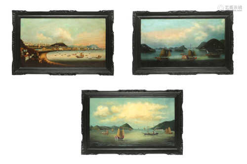 A SET OF THREE CHINESE EXPORT OIL PAINTINGS.