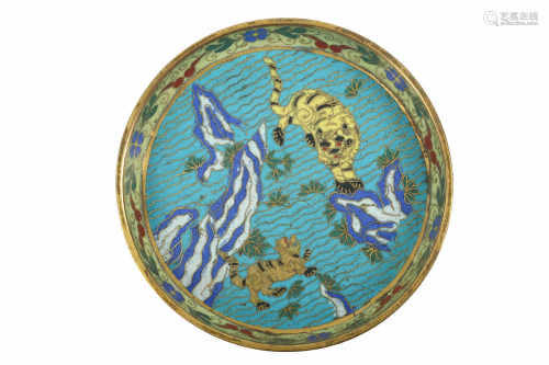 A CHINESE CLOISONNE ENAMEL CIRCULAR 'TIGER' DISH.