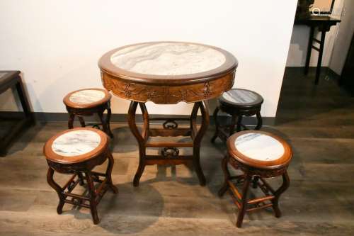 A Set of Suanzhi Round Table&4 stools19thC