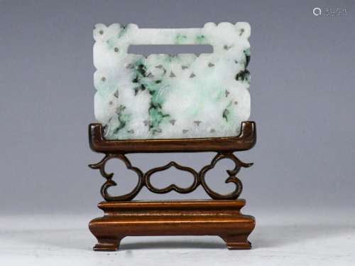 A Chinese Jadeite Carved Plaque with Stand 19thC