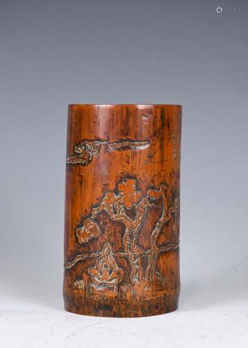 A Chinese Bamboo Carved Figure Brushpot Qing