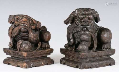 A Pair of Wood Carved Fu Lions 19thC