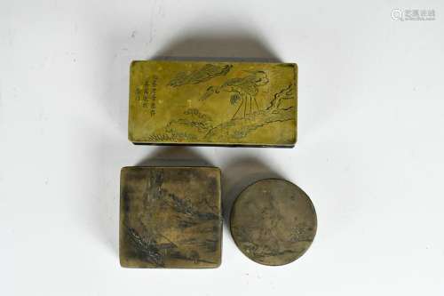 Three Chinese Bronze Ink Boxes, 19th C