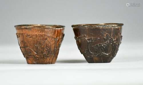 Two Small Silver Lined Coconut Engraved Cups,18thC