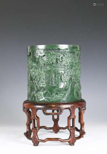 A Chinese Green Jade Brush Pot w/Stand Republic P.