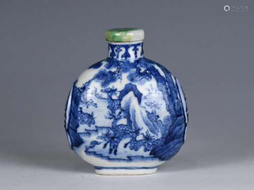 A Large Blue & White Porcelain Snuff Bottle 19thC