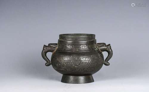 A Silver Inlay Bronze Hu Archaistic Censer