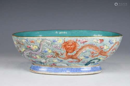 A Famille Rose Deep Oval Dragon Bowl, Late Qing