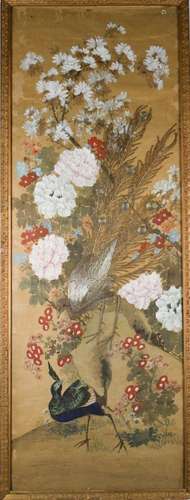 A Silk Painting of Peacock with Frame Late Qing