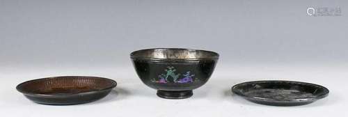 A Black Laq Burgaute Bowl and Two Lacquer Dishes