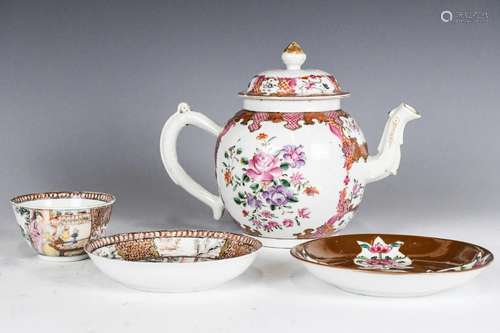 A Export Famille Rose Teapot T/W 3 wares 18thC