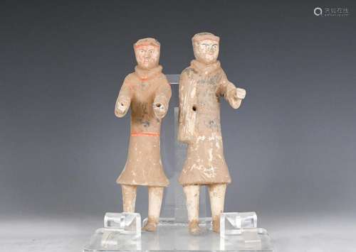 Two Painted Earthenware Attendants, Han Dynasty