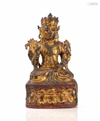 Bronze des Guanyin mit Resten von Fassung und Lackvergoldung