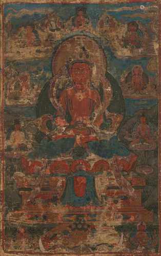 Thangka mit Darstellung des Amitayus auf einem Thron