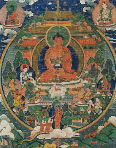 Thangka mit Darstellung des Amithaba Buddha, unter Glas gerahmt