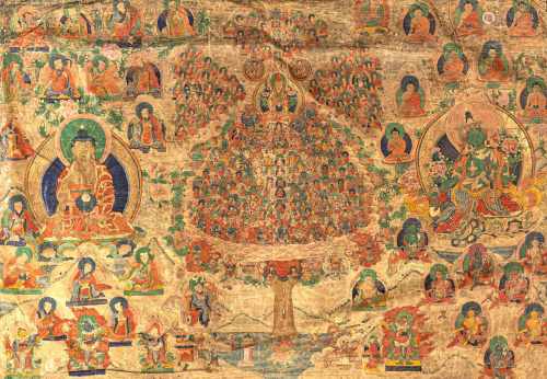 Großes Thangka mit Bodhi-Baum und Shakyamuni, Seidenbrokat-Montierung