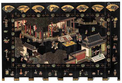 Achtteiliger Koromandel-Stellschirm mit Figuren- und Antiquitätendekor