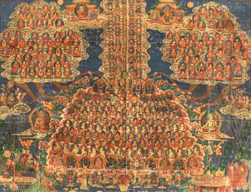Großes Thangka mit Buddha-Versammlung und Bodhi-Baum, Brokatmotneirung