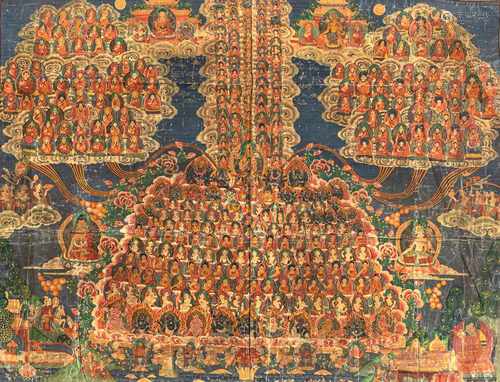 Großes Thangka mit Buddha-Versammlung und Bodhi-Baum, Brokatmotneirung