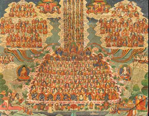 Großes Thangka mit Bodhi-Baum in Seidenmontierung