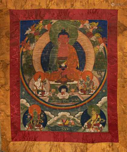Thangka mit Darstellung des Buddha Shakyamuni in Seidenmontierung