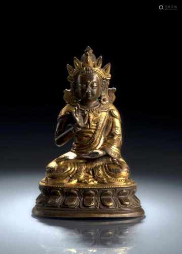 Partiell feuervergoldete Bronze eines Bodhisattva auf einem Lotos