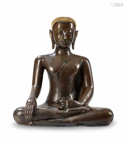 Große Bronze des Buddha Shakyamuni im Meditationssitz mit Lackauflage und Vergoldung