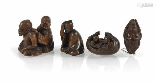 Vier Netsuke aus Holz/Fruchtkern: Masseur mit Kunden, Hotei, Hotei in einem Boot u. Mann