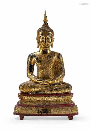 Bronze des Buddha Shakyamuni mit Lackauflage und Vergoldung