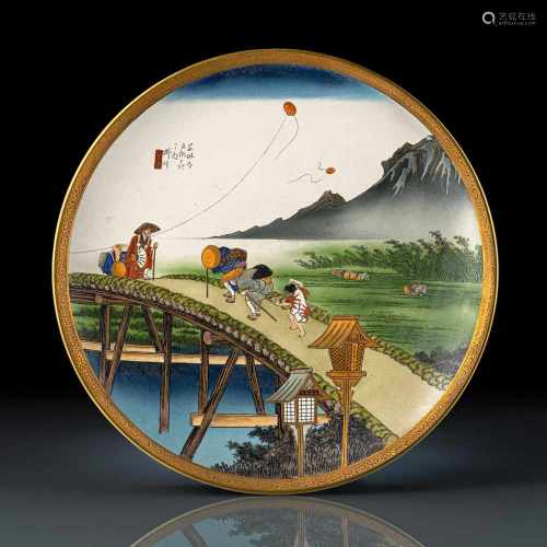 Satsuma-Teller mit Darstellung eines Holzschnittes von Hiroshige